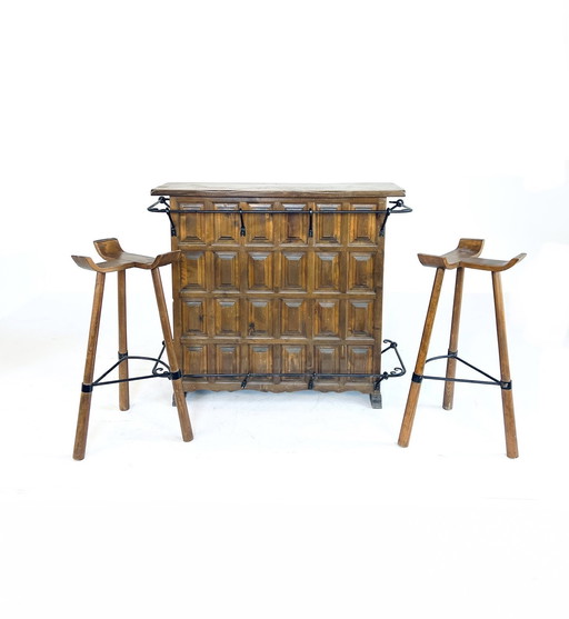 Vintage Brutalist Bar + 2 Stools '50s