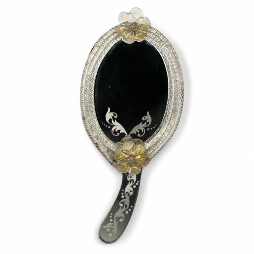 Venetiaanse Murano handspiegel/wandspiegel met glazen bloemen, Italië jaren 1940/50