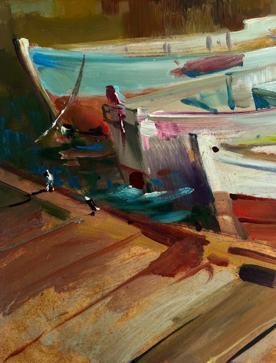 Image 1 of Original Oil Painting Summer Coastal Landscape City boat ferry