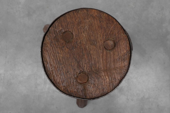 Image 1 of Brutalist French solid oak tripod stool with metal rim, 1850s