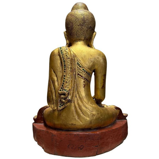 Antigua Estatua de Buda Mandalay Birmana – Madera Dorada con Mosaico de Vidrio – Bhumisparsha Mudra – c. (photo 6 of 10)