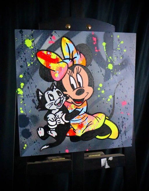 Pintura Pop Art de la artista Socrate, Minnie Mouse con Gato, firmada a mano con Certificado de Autenticidad, Pieza Única