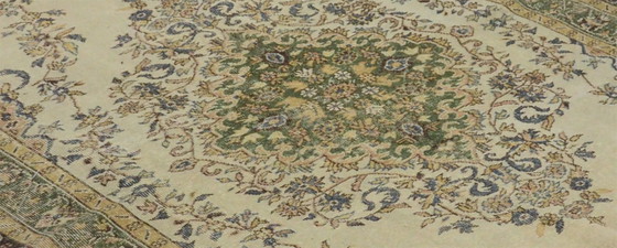 Vintage Turks tapijt 300x186 cm – Groot handgeknoopt wollen tapijt met zacht crèmekleurig en groen (photo 7 of 12)