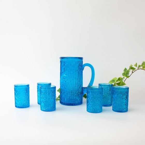 Vintage 1970s IVIMA Blue Glass Jug and Six-Glass Set, Glass & Decanter (photo 2 of 15)