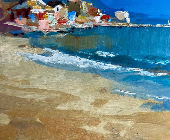 Image 1 of Original Oil Painting Summer Beach Landscape Walking along the sandy shore