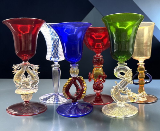 Image 1 of Murano – Set of six Murano glass goblets – unique pieces inspired by the goblets of the Venetian Doges
