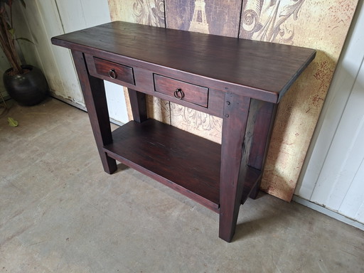 Tables d'appoint coloniales en teck, console d'entrée, console murale, dimensions 101x40cm et 79cm de hauteur. (photo 2 of 5)