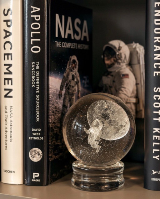 Astronauta con bola de sulfuro de vidrio transparente