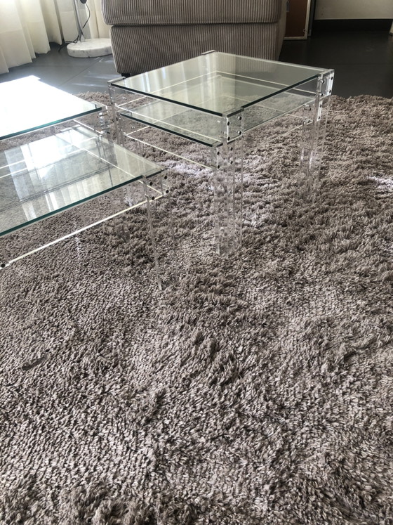 Image 1 of 2x 2 Vintage Eclectisch Plexiglas/glazen bijzettafels