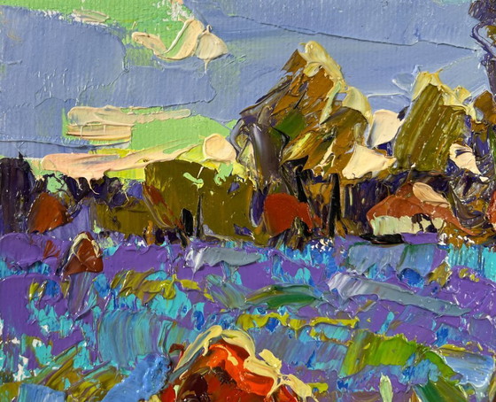 Image 1 of Original Oil Painting Summer Field Landscape Edge of the Village