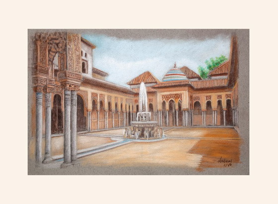 Image 1 of Drawing of the Alhambra. Court of the Lions. Painting of the Alhambra. Painting of the Court of the Lions.