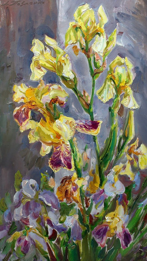 Original Oil Painting Summer Flowers Yellow Irises