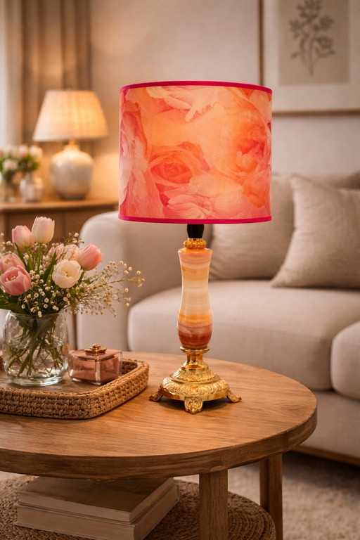 Vintage lamp van brons, onyx en glasvezel, volledig gerestaureerd.