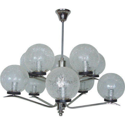 Lampadario vintage in acciaio e vetro, 1970