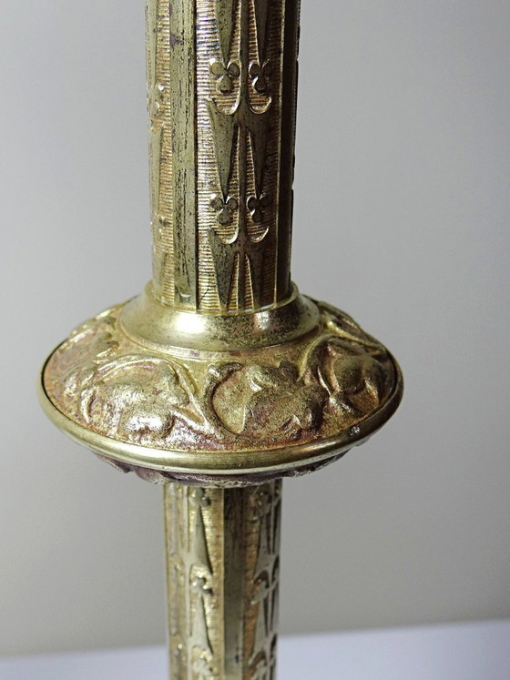 Image 1 of Large pair of antique gilt bronze candlesticks, 19th-century Gothic style