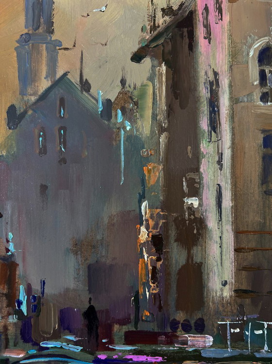 Original Oil Painting Urban Landscape Architecture River Pier City Sailboats – Paintings & Drawings, Mdf (photo 6 of 9)