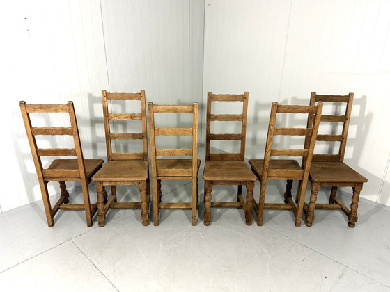 Image 1 of 6 sillas de comedor rústicas antiguas de roble con respaldo alto, década de 1900