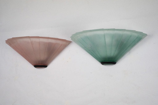 Pair of De Majo sconces in thick pink and green murano glass. Italy 1980s