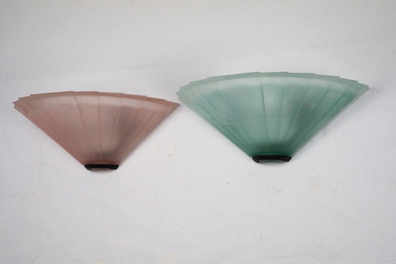 Image 1 of Pair of De Majo sconces in thick pink and green murano glass. Italy 1980s