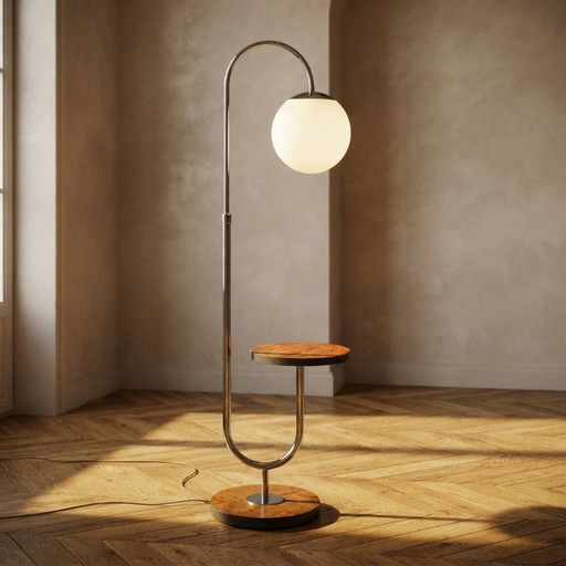 Lampadaire Bauhaus restauré avec table intégrée par R. Slezák, chrome et bois, Tchécoslovaquie, années 1920, 172 × 45 cm