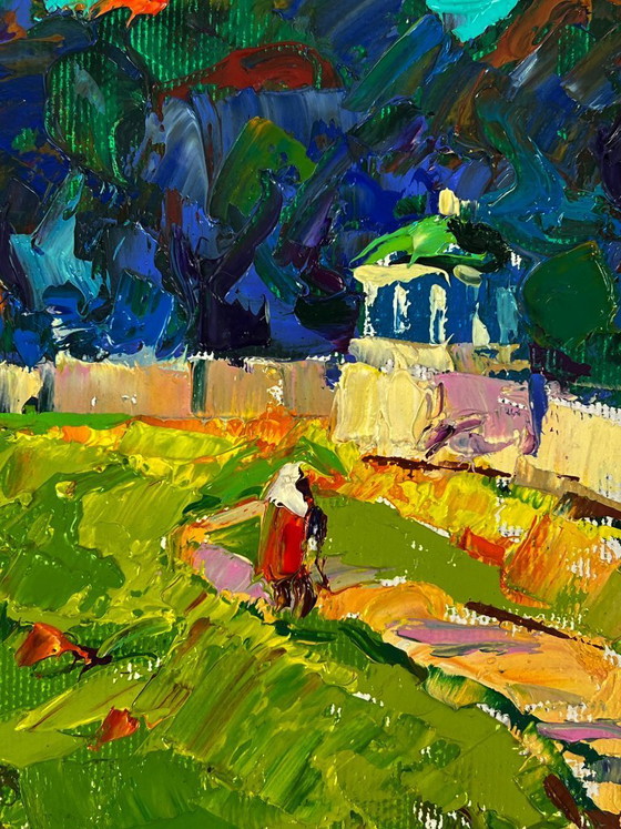 Image 1 of Peinture à l'huile originale, paysage rural, prairie, village, parc en forêt