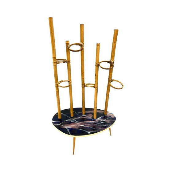 Image 1 of Mid-Century Modern Plant Stand – Europe, 1960s-1970s, Bamboo & Artistic Resin Tabletop