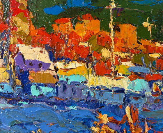 Image 1 of Original Oil Painting Sunset Village Landscape The sun sets quietly in silence