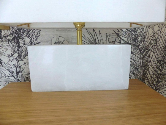 Image 1 of Paar rechteckige Designer-Tischleuchten von CB2 in Naturweiß, Alabaster und Leinen