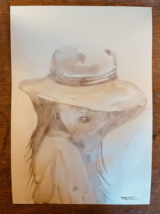 Signed Watercolor Monochrome Sepia Portrait of a Woman "Summer" Painting