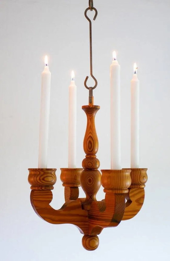 Image 1 of Bougeoir lustre suspendu rustique en bois de Smålandsslöjd, Suède, 1975