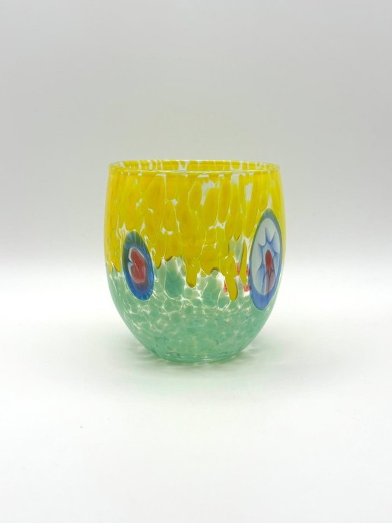 Image 1 of Set van 6 Venetiaanse glazen van geblazen glas met Murano-effect (murrine) in het glas verwerkt, handgemaakt in Italië.