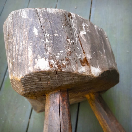 Image 1 of Pair of Brutalist tripod stools in grey pine. France, 50s