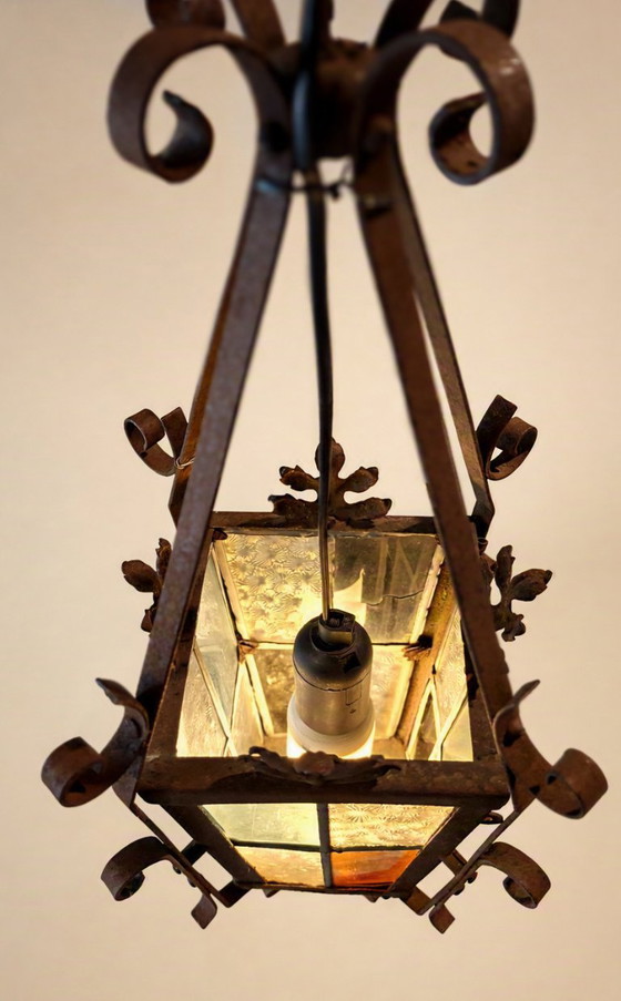 Lanterne/Suspension Art Déco française antique, vitrail. – Art Deco, Metal (photo 8 of 14)