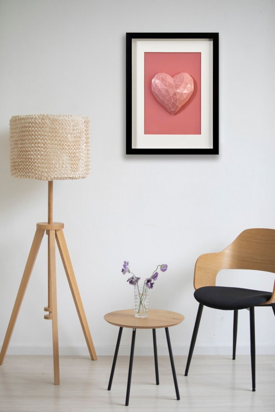 Image 1 of 3D geometrische hart wanddecoratie, roze PLA sculptuur, moderne woondecoratie