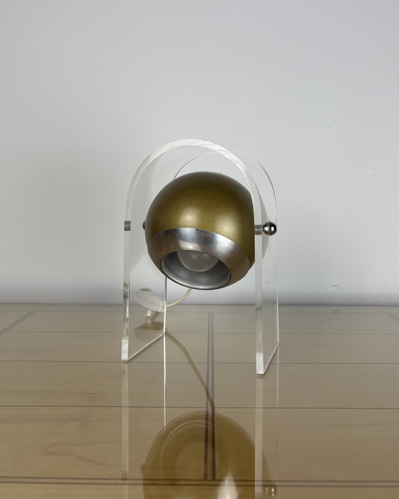 Image 1 of Plexiglass Eyeball Lamp, Sputnik design, 70s, Space Age, Table lmap, 1970s, Olive Gold Vintage Lamp with Plexiglass Stand, Spot