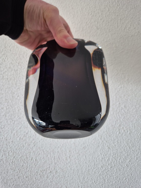 Image 1 of Heavy glass Serica vase with blue-purple spiral and clear glass overlay