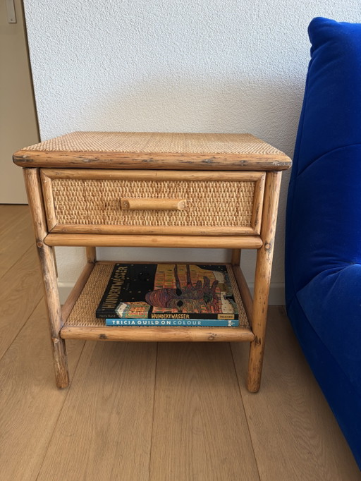 Vintage rotan en bamboe nachtkastje / bijzettafel – Jaren 70 Boho – Bamboo, Rattan