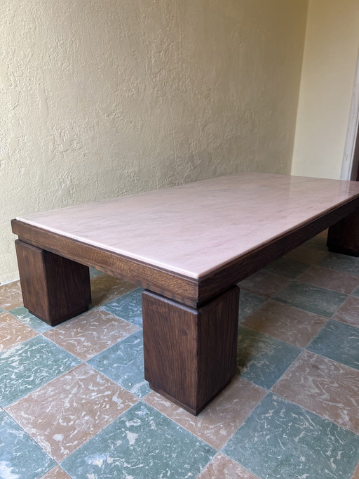 Salon Tafel Brutalism Soft Pink Marble Walnut Color Wood