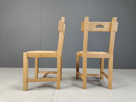 Image 1 of Set van 6 eiken en rieten Brutalistische eetkamerstoelen, 1960S