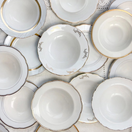 Vintage Gilded White Porcelain Soup Plate, Individual