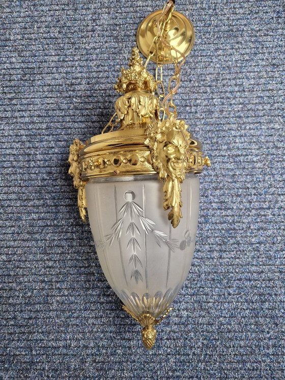 Image 1 of Ceiling lamp - Gilded bronze and glass ceiling lamp Louis XVI.
