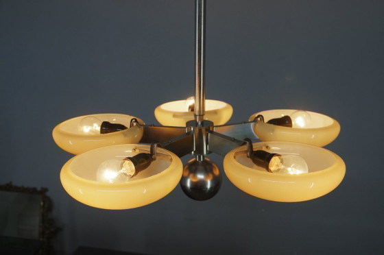 Image 1 of Uitzonderlijke Art Deco functionalistische kroonluchter met vernikkelde afwerking, jaren 1930