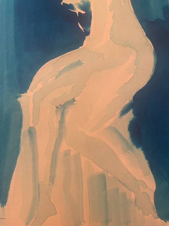 Image 1 of Monochroom blauw aquarel gesigneerd "blauwe dame" de pose