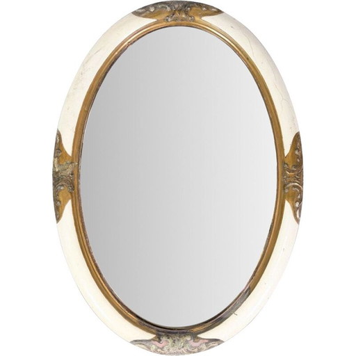 Vintage white oval mirror with gold trim, 1890