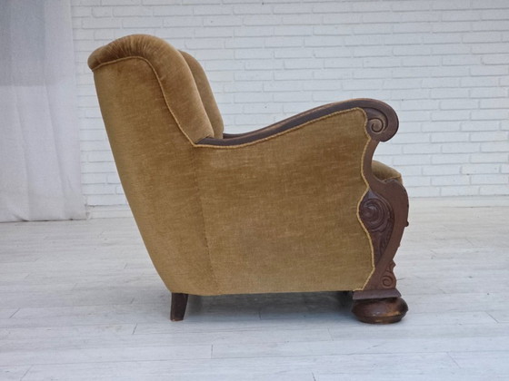 Image 1 of 1960s, Danish armchair, original green furniture velour, carved oak wood.