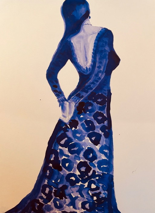 Monochrome indigo blue watercolor portrait of a woman "in a dress"