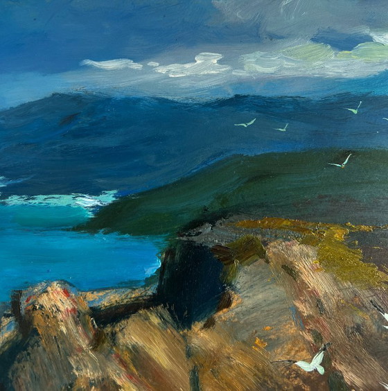 Image 1 of Original Oil Painting Coastal Mountain Landscape Sunlight through the clouds