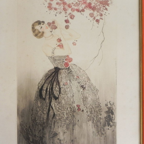 Image 1 of Litografía de Louis Icart con una dama y flores al estilo Art Déco, década de 1920.