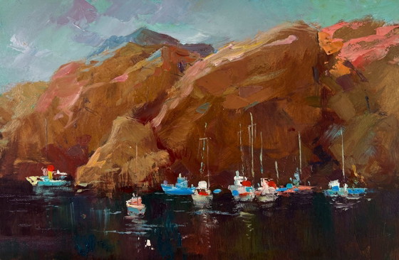 Image 1 of Original Oil Painting Coastal Rock Landscape Sails Against The Backdrop Of Mountains