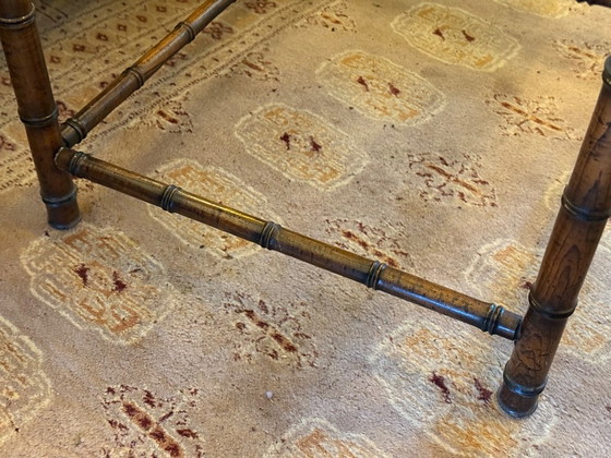 Walnut wood side table with glass top in colonial style, Brown, Vintage (photo 5 of 6)